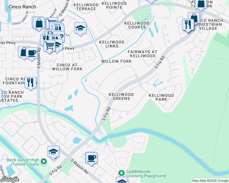map of restaurants, bars, coffee shops, grocery stores, and more near 21411 Ganton Drive in Katy