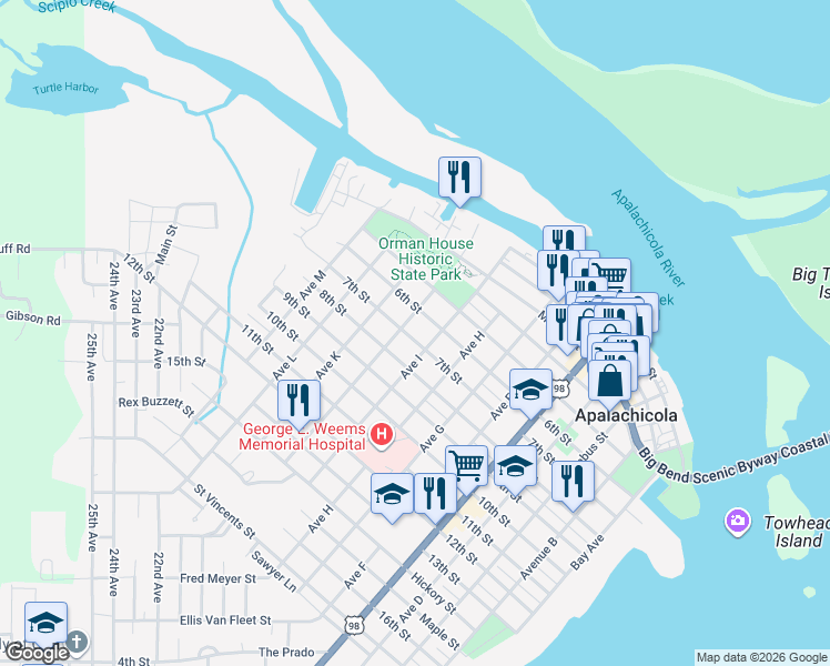 map of restaurants, bars, coffee shops, grocery stores, and more near 165 7th Street in Mexico Beach
