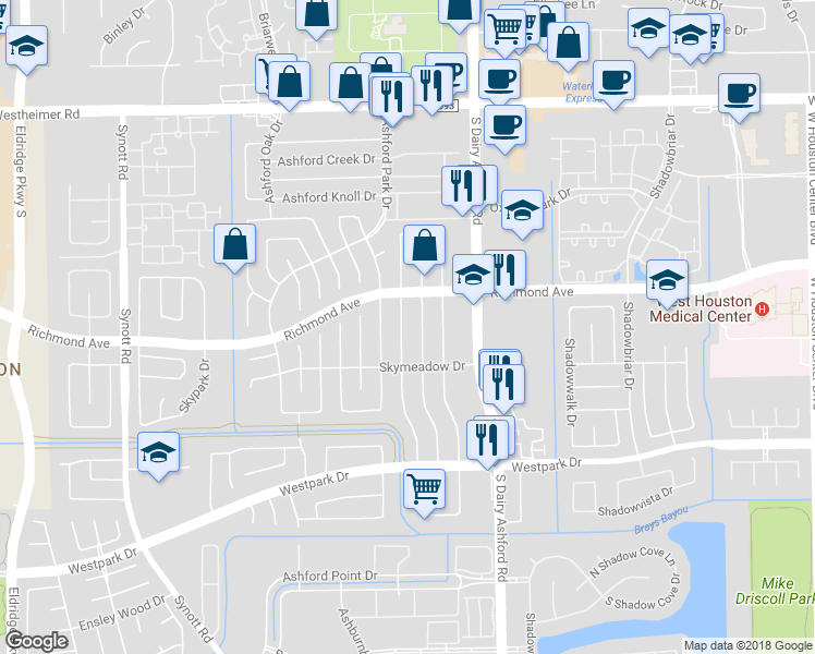 map of restaurants, bars, coffee shops, grocery stores, and more near 3223 Ashfield Drive in Houston
