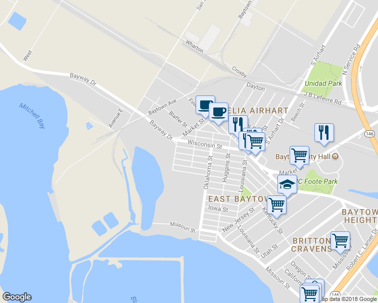 map of restaurants, bars, coffee shops, grocery stores, and more near 3406 Illinois Street in Baytown