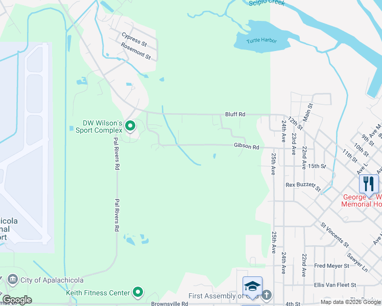 map of restaurants, bars, coffee shops, grocery stores, and more near 56 Gibson Road in Apalachicola