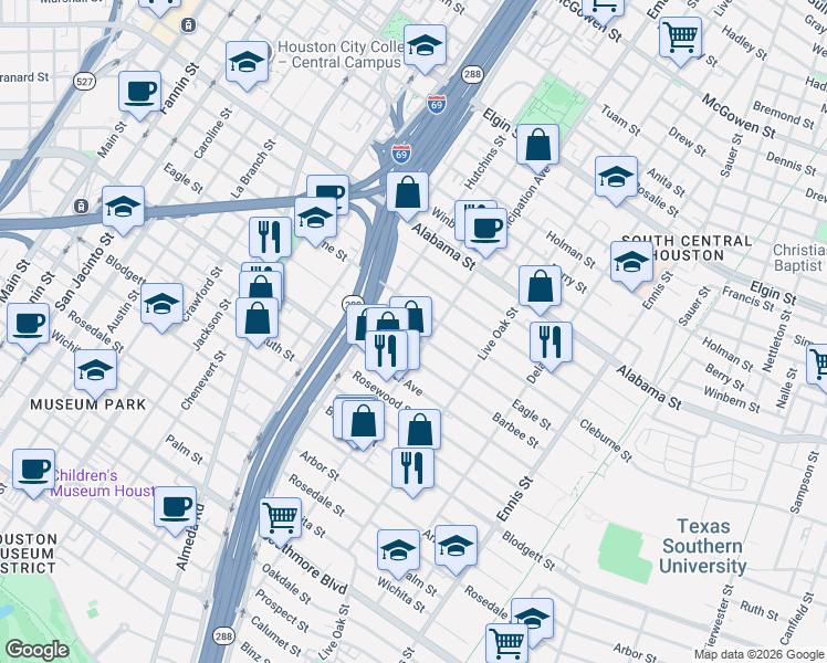map of restaurants, bars, coffee shops, grocery stores, and more near in Houston