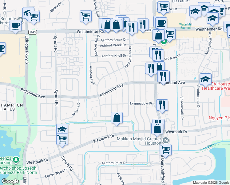 map of restaurants, bars, coffee shops, grocery stores, and more near 3214 South Greenpark Drive in Houston
