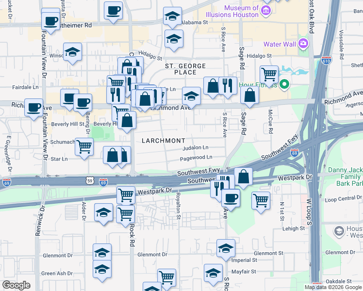 map of restaurants, bars, coffee shops, grocery stores, and more near 5418 Judalon Lane in Houston