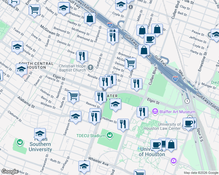 map of restaurants, bars, coffee shops, grocery stores, and more near 3116 Lucinda Street in Houston