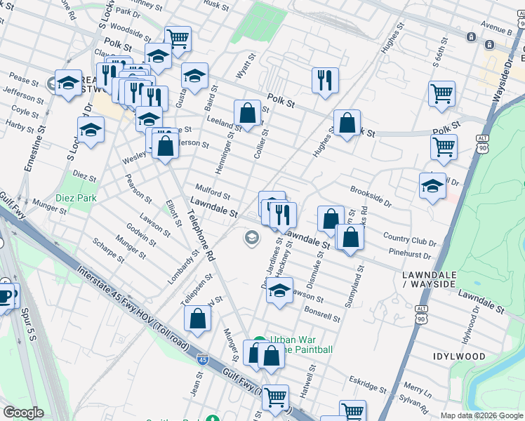 map of restaurants, bars, coffee shops, grocery stores, and more near 5315 Lawndale Street in Houston
