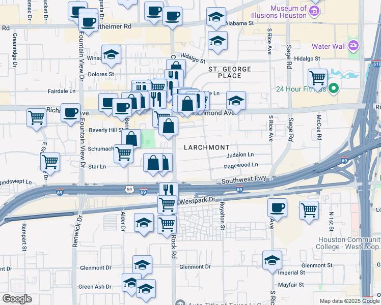 map of restaurants, bars, coffee shops, grocery stores, and more near 5525 Schumacher Lane in Houston