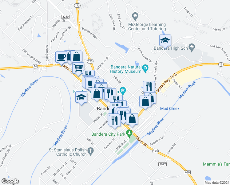 map of restaurants, bars, coffee shops, grocery stores, and more near 615 13th Street in Bandera