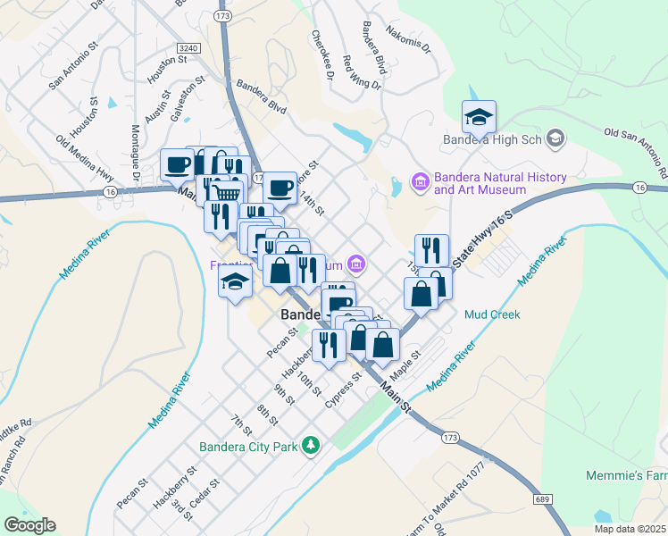 map of restaurants, bars, coffee shops, grocery stores, and more near 1315 Pecan Street in Bandera