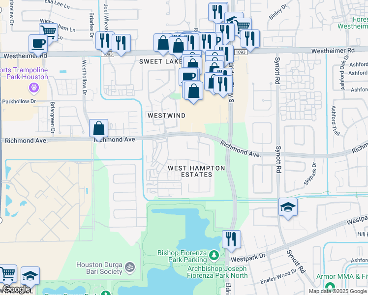 map of restaurants, bars, coffee shops, grocery stores, and more near 13531 Andrew Way in Houston