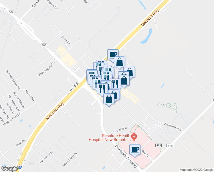 map of restaurants, bars, coffee shops, grocery stores, and more near 2955 Town Center Drive in New Braunfels