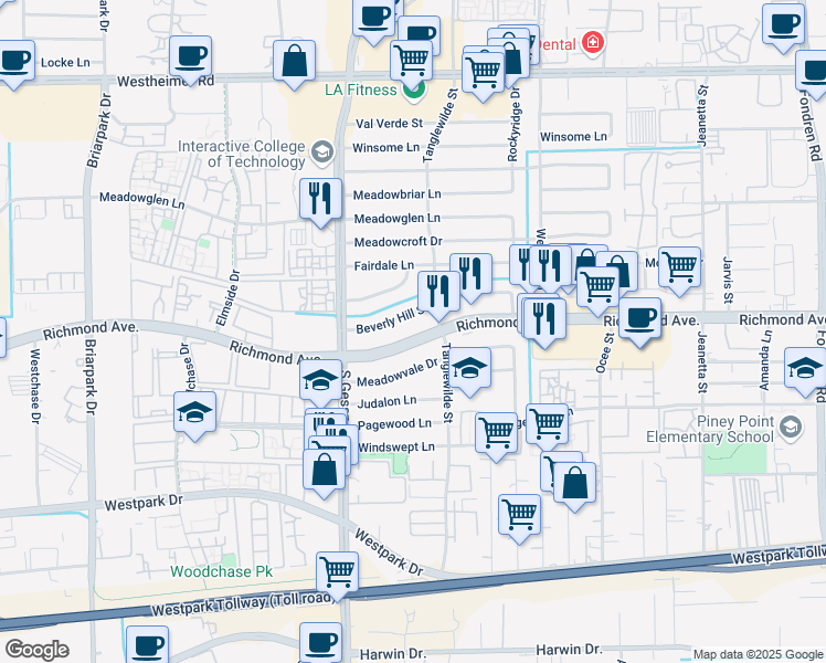 map of restaurants, bars, coffee shops, grocery stores, and more near 9618 Richmond Avenue in Houston