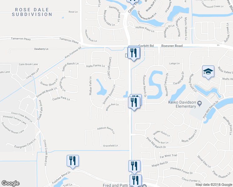 map of restaurants, bars, coffee shops, grocery stores, and more near Huggins Crest Court in Katy