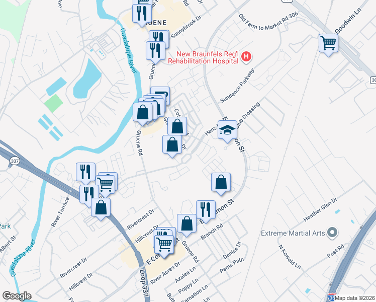 map of restaurants, bars, coffee shops, grocery stores, and more near 1611 Hanz Drive in New Braunfels
