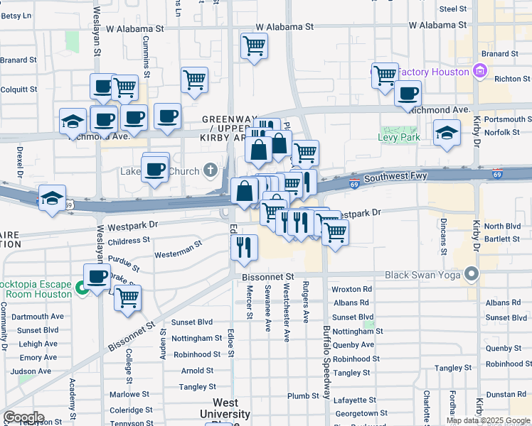 map of restaurants, bars, coffee shops, grocery stores, and more near 3253 Southwest Freeway in Houston