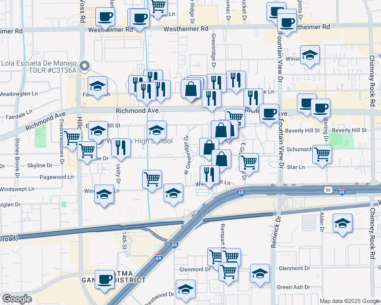 map of restaurants, bars, coffee shops, grocery stores, and more near 6222 Skyline Drive in Houston