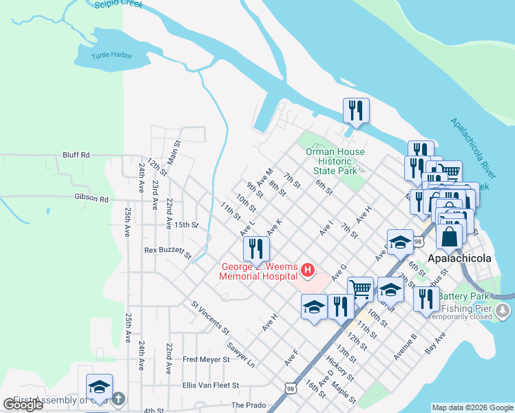 map of restaurants, bars, coffee shops, grocery stores, and more near 233 10th Street in Apalachicola