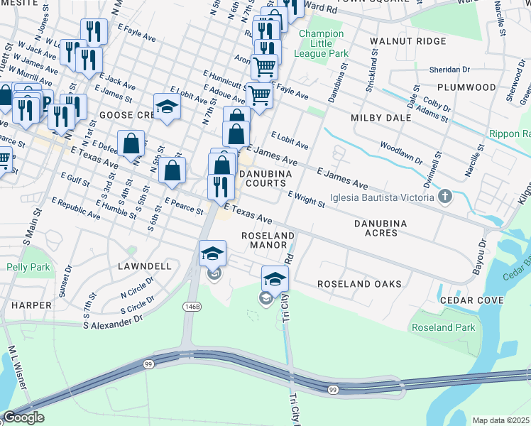 map of restaurants, bars, coffee shops, grocery stores, and more near 1006 East Texas Avenue in Baytown