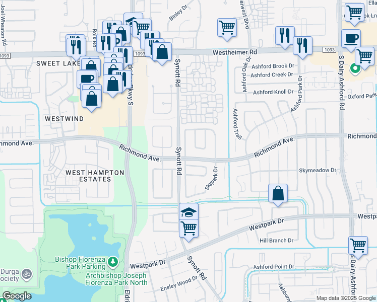 map of restaurants, bars, coffee shops, grocery stores, and more near 2915 Hollow Creek Drive in Houston