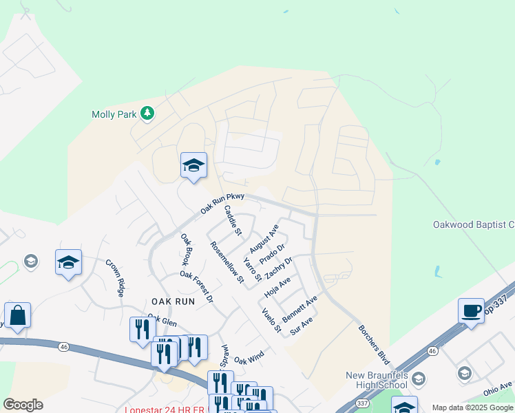 map of restaurants, bars, coffee shops, grocery stores, and more near 2155 Oak Run Parkway in New Braunfels