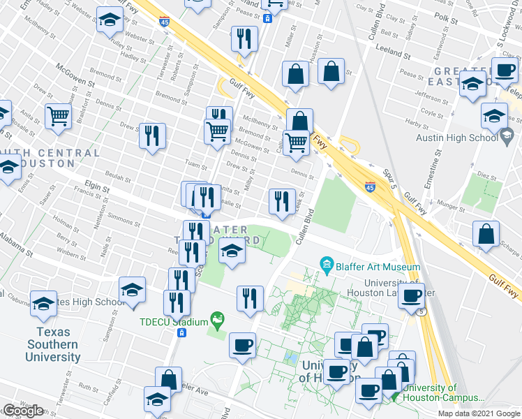 map of restaurants, bars, coffee shops, grocery stores, and more near 3813 Rosalie Street in Houston