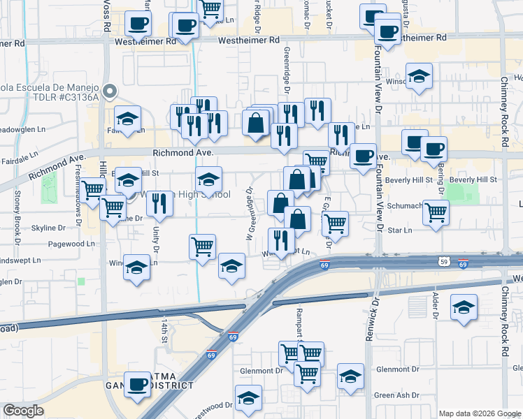 map of restaurants, bars, coffee shops, grocery stores, and more near 6222 Skyline Drive in Houston