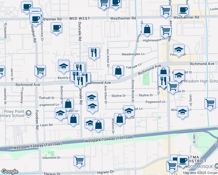 map of restaurants, bars, coffee shops, grocery stores, and more near 8006 Meadowvale Drive in Houston