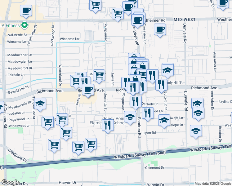 map of restaurants, bars, coffee shops, grocery stores, and more near 9009 Richmond Avenue in Houston