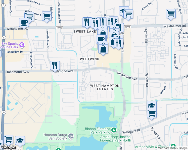 map of restaurants, bars, coffee shops, grocery stores, and more near 13531 Andrew Way in Houston
