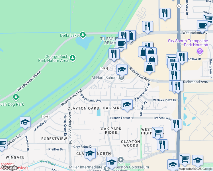 map of restaurants, bars, coffee shops, grocery stores, and more near 15025 Caseta Drive in Houston