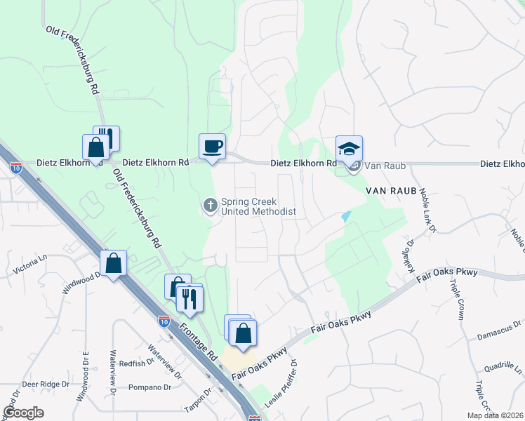 map of restaurants, bars, coffee shops, grocery stores, and more near 28954 Fairs Gate in Fair Oaks Ranch