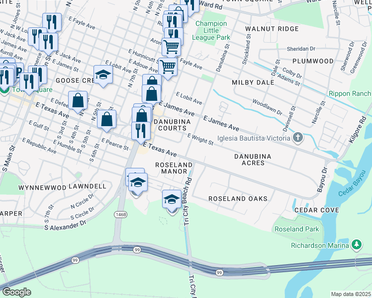 map of restaurants, bars, coffee shops, grocery stores, and more near 103 Danubina Street in Baytown