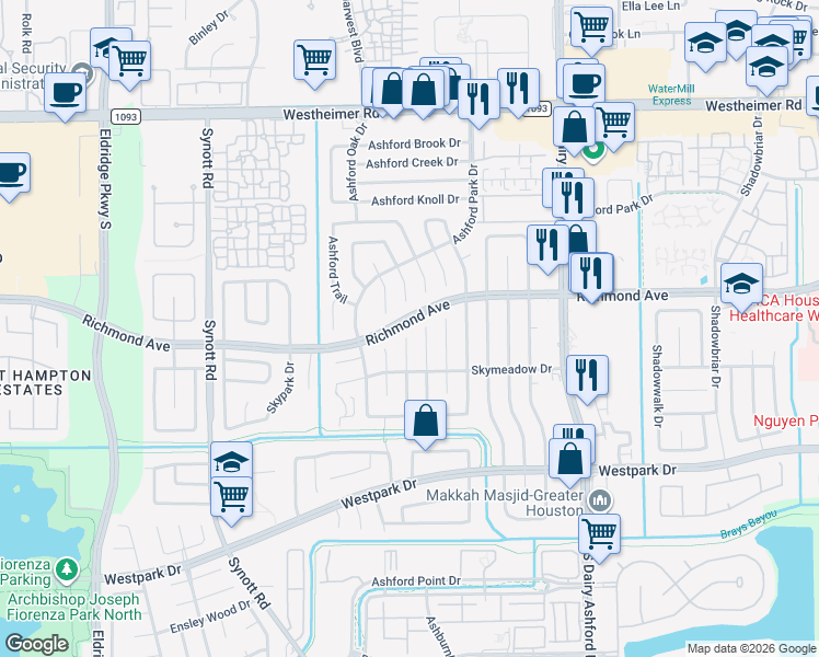 map of restaurants, bars, coffee shops, grocery stores, and more near 3214 South Greenpark Drive in Houston