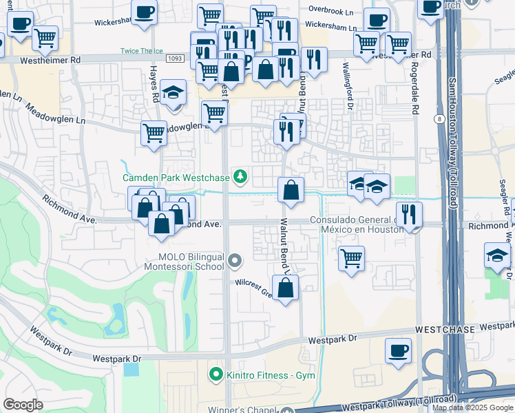 map of restaurants, bars, coffee shops, grocery stores, and more near 11000 Richmond Avenue in Houston