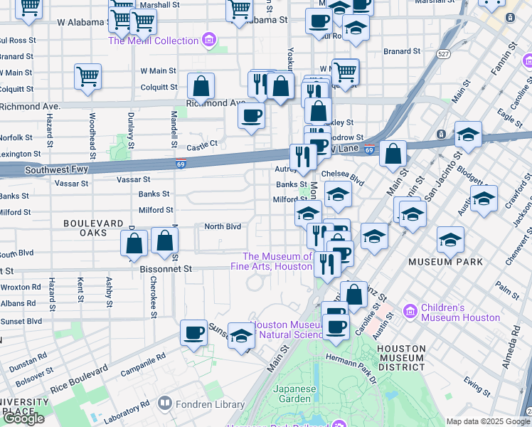 map of restaurants, bars, coffee shops, grocery stores, and more near 1204 Barkdull Street in Houston