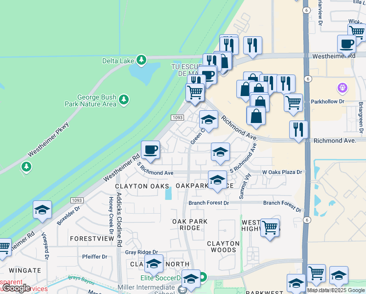 map of restaurants, bars, coffee shops, grocery stores, and more near 15025 Caseta Drive in Houston