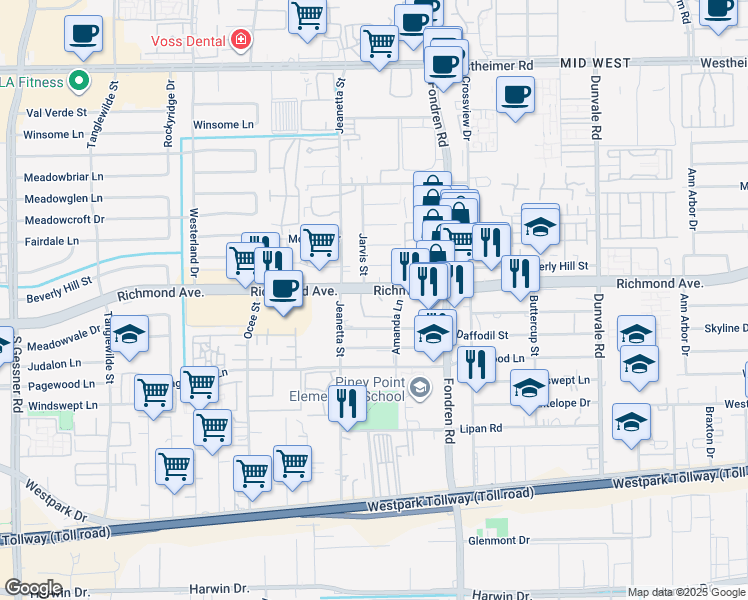 map of restaurants, bars, coffee shops, grocery stores, and more near 9009 Richmond Avenue in Houston