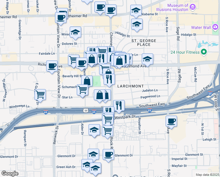 map of restaurants, bars, coffee shops, grocery stores, and more near 3402 Chimney Rock Road in Houston