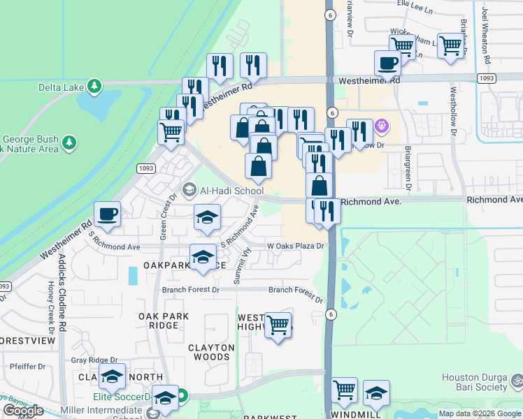 map of restaurants, bars, coffee shops, grocery stores, and more near 14750 Loxley Meadows Drive in Houston