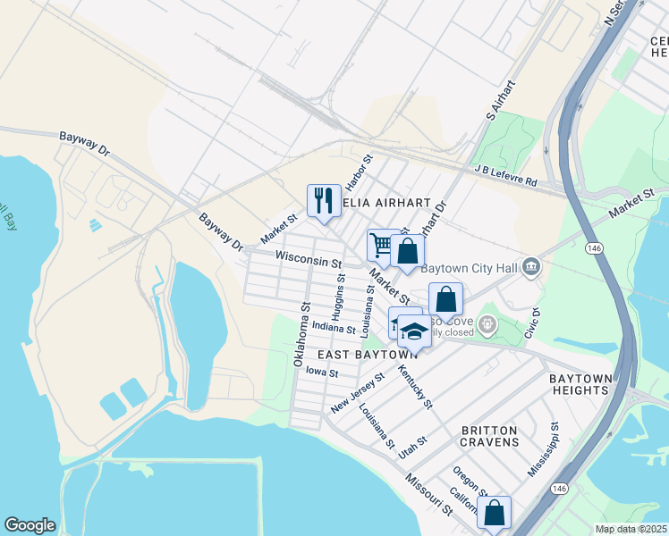 map of restaurants, bars, coffee shops, grocery stores, and more near 3205 Wisconsin Street in Baytown