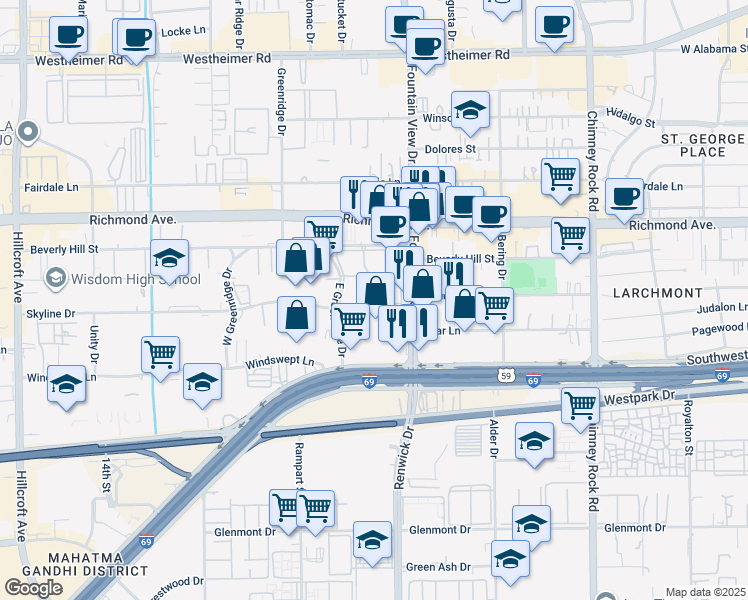 map of restaurants, bars, coffee shops, grocery stores, and more near 6061 Beverly Hill Street in Houston