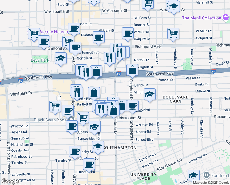 map of restaurants, bars, coffee shops, grocery stores, and more near 4104 Greenbriar Drive in Houston