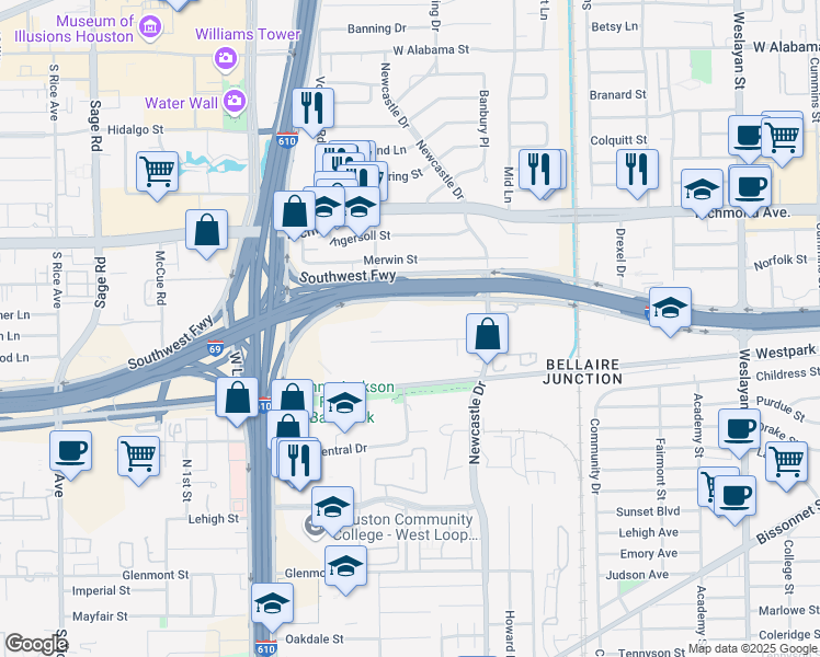 map of restaurants, bars, coffee shops, grocery stores, and more near 4646 Wild Indigo Street in Houston