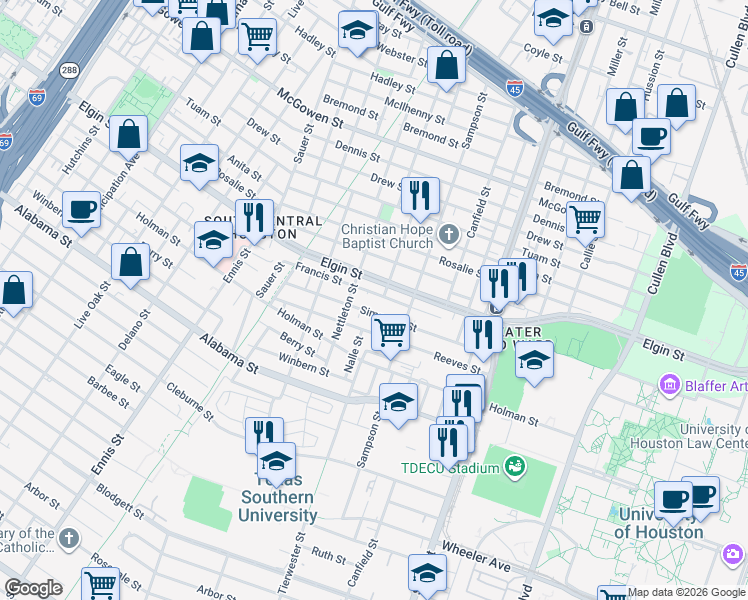 map of restaurants, bars, coffee shops, grocery stores, and more near 3332 Francis Street in Houston