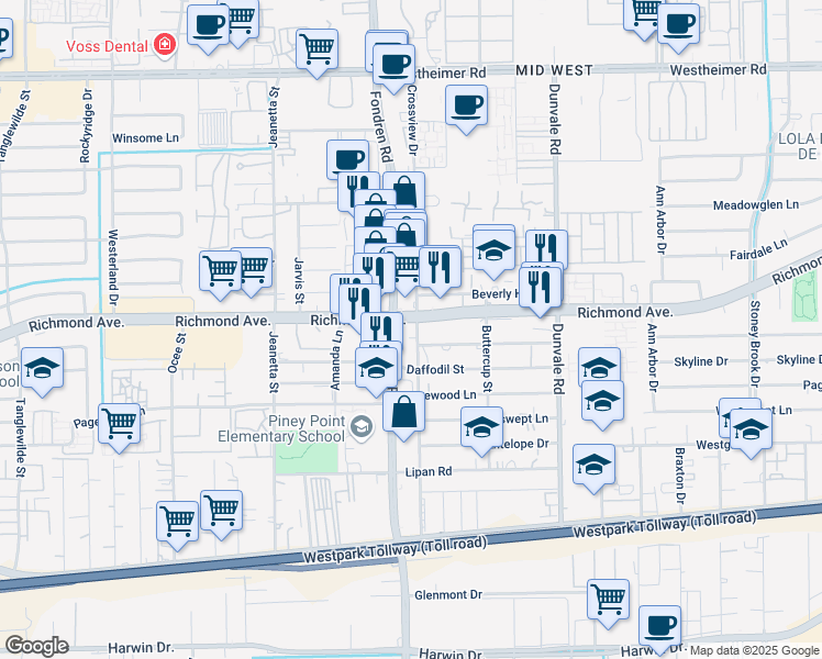 map of restaurants, bars, coffee shops, grocery stores, and more near 3301 Fondren Road in Houston