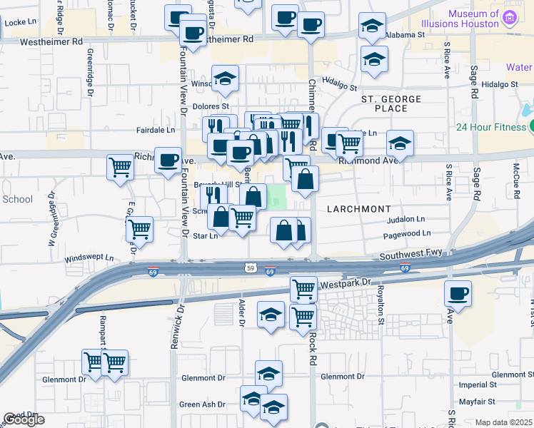 map of restaurants, bars, coffee shops, grocery stores, and more near 5709 Schumacher Lane in Houston