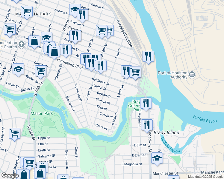 map of restaurants, bars, coffee shops, grocery stores, and more near 7904 Capitol Street in Houston