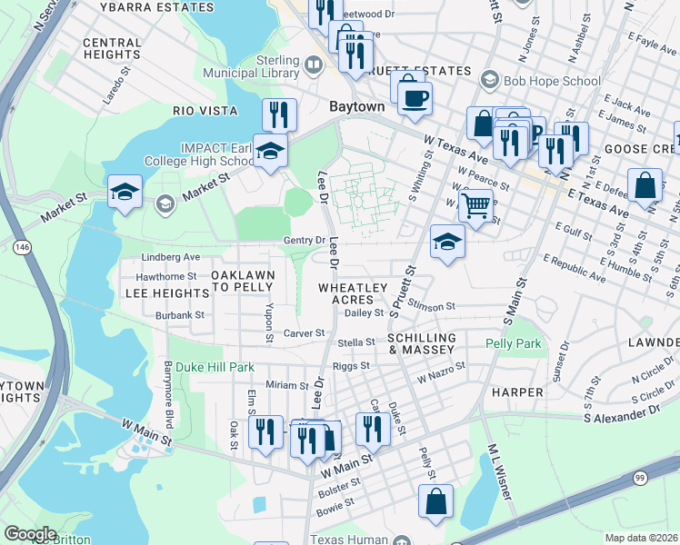 map of restaurants, bars, coffee shops, grocery stores, and more near 714 Denby Street in Baytown