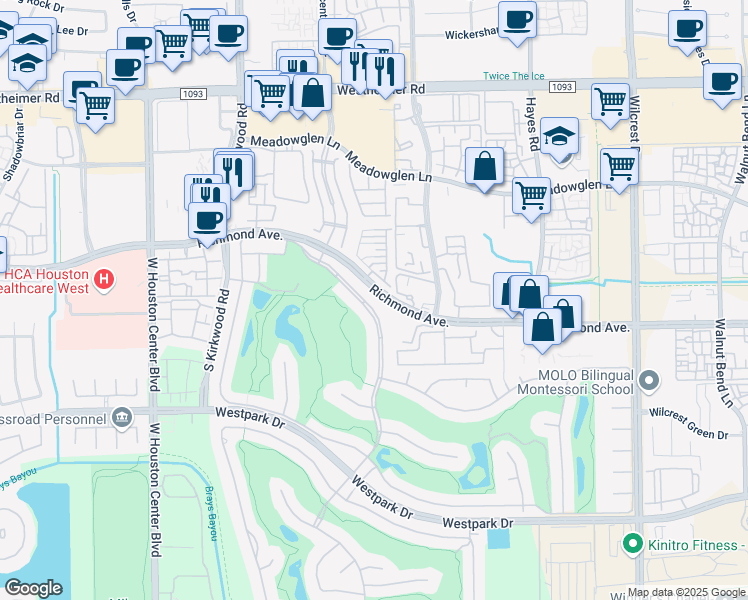 map of restaurants, bars, coffee shops, grocery stores, and more near 3031 Bonnebridge Way Boulevard in Houston