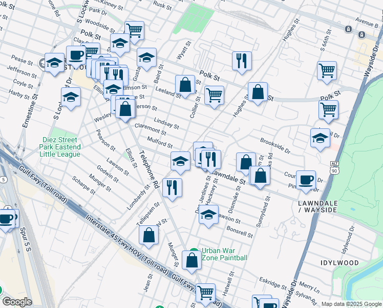 map of restaurants, bars, coffee shops, grocery stores, and more near 5315 Lawndale Street in Houston